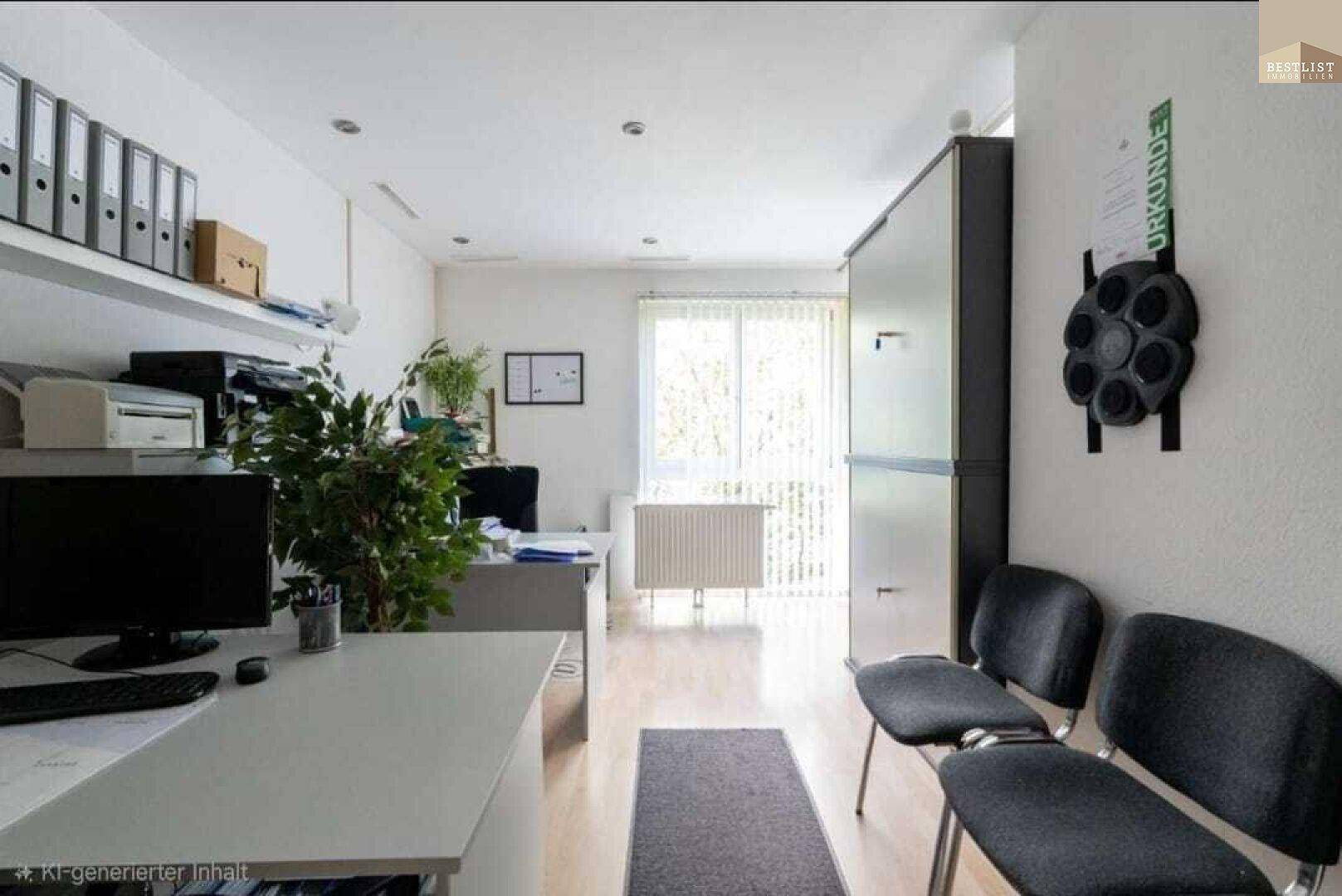 Geräumiges Büro mit mehreren Arbeitsplätzen, Regalen und viel Tageslicht durch das Fenster.