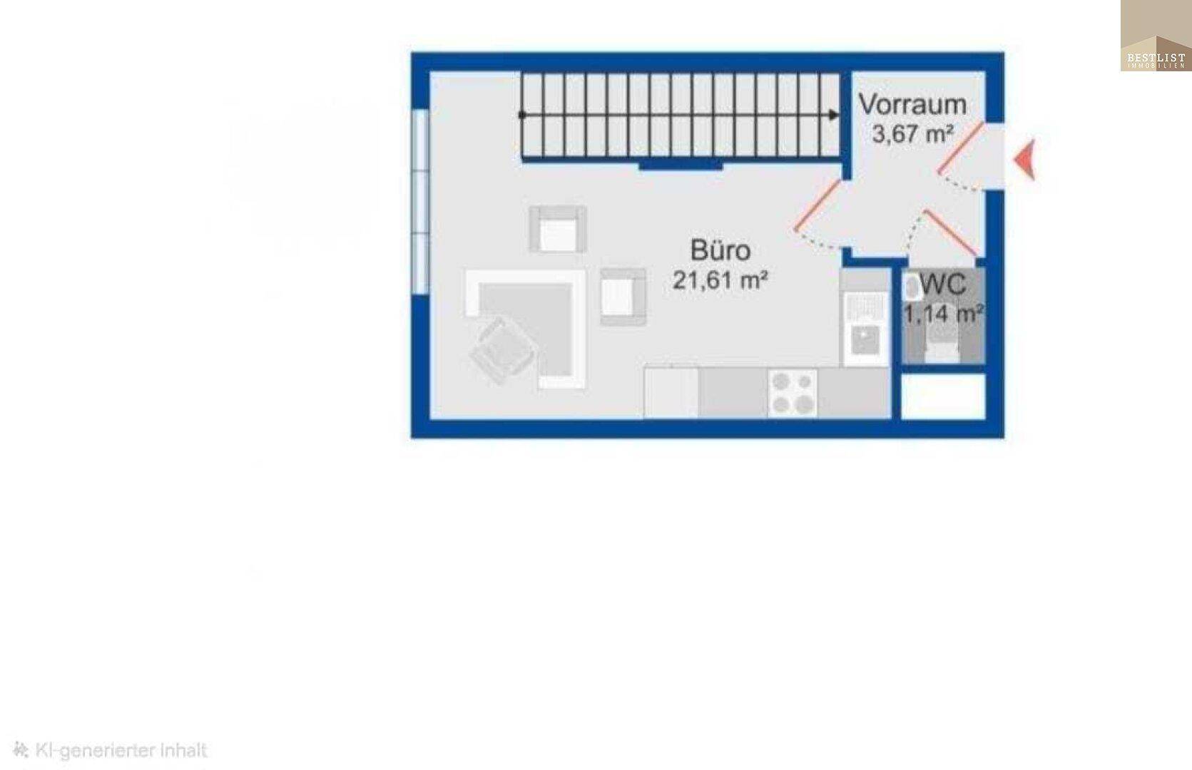 Grundrissplan einer Ebene mit Büro, Vorraum und separatem WC.