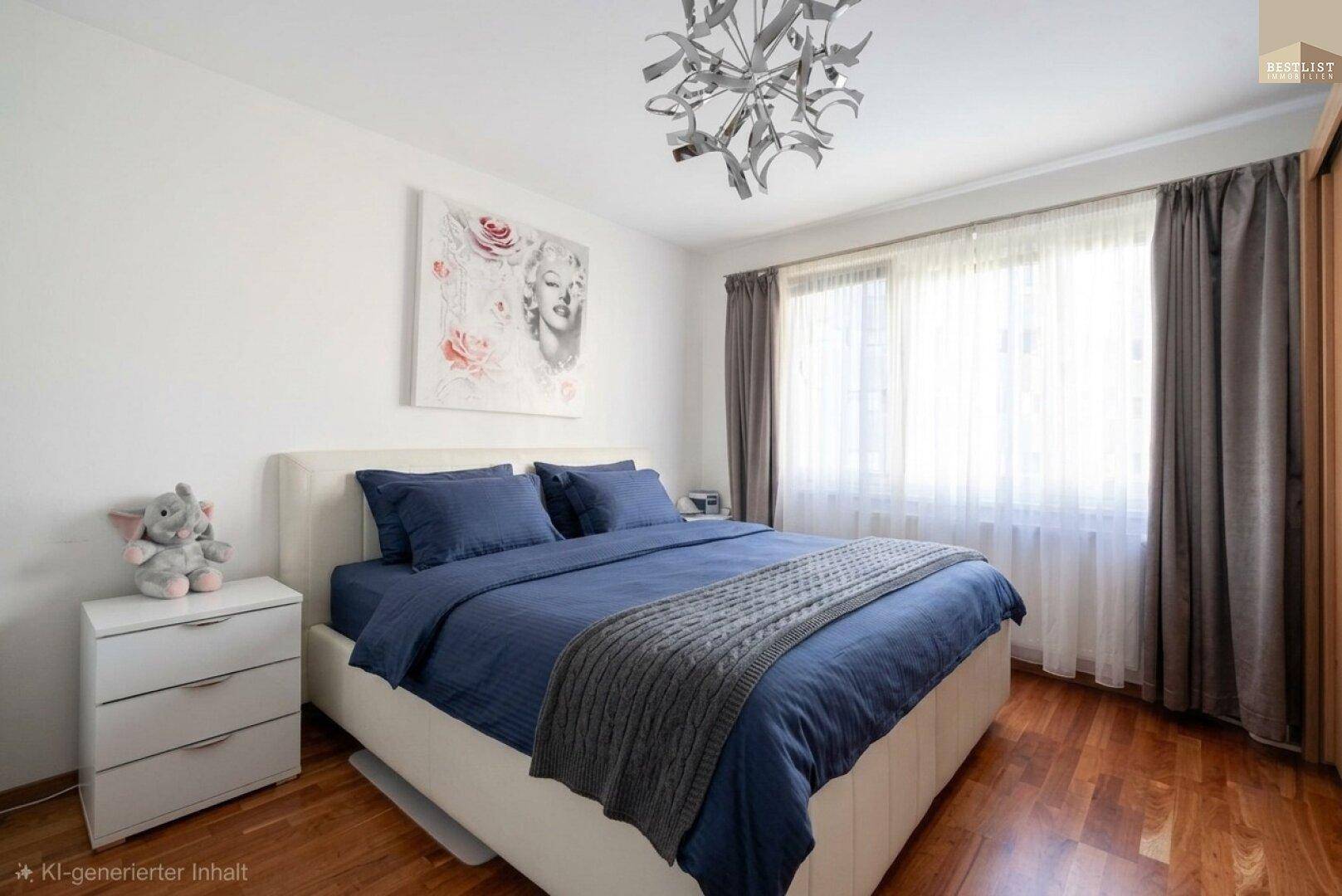 Schlafzimmer mit Doppelbett, Nachttischen, großem Fenster und dunklen Vorhängen.