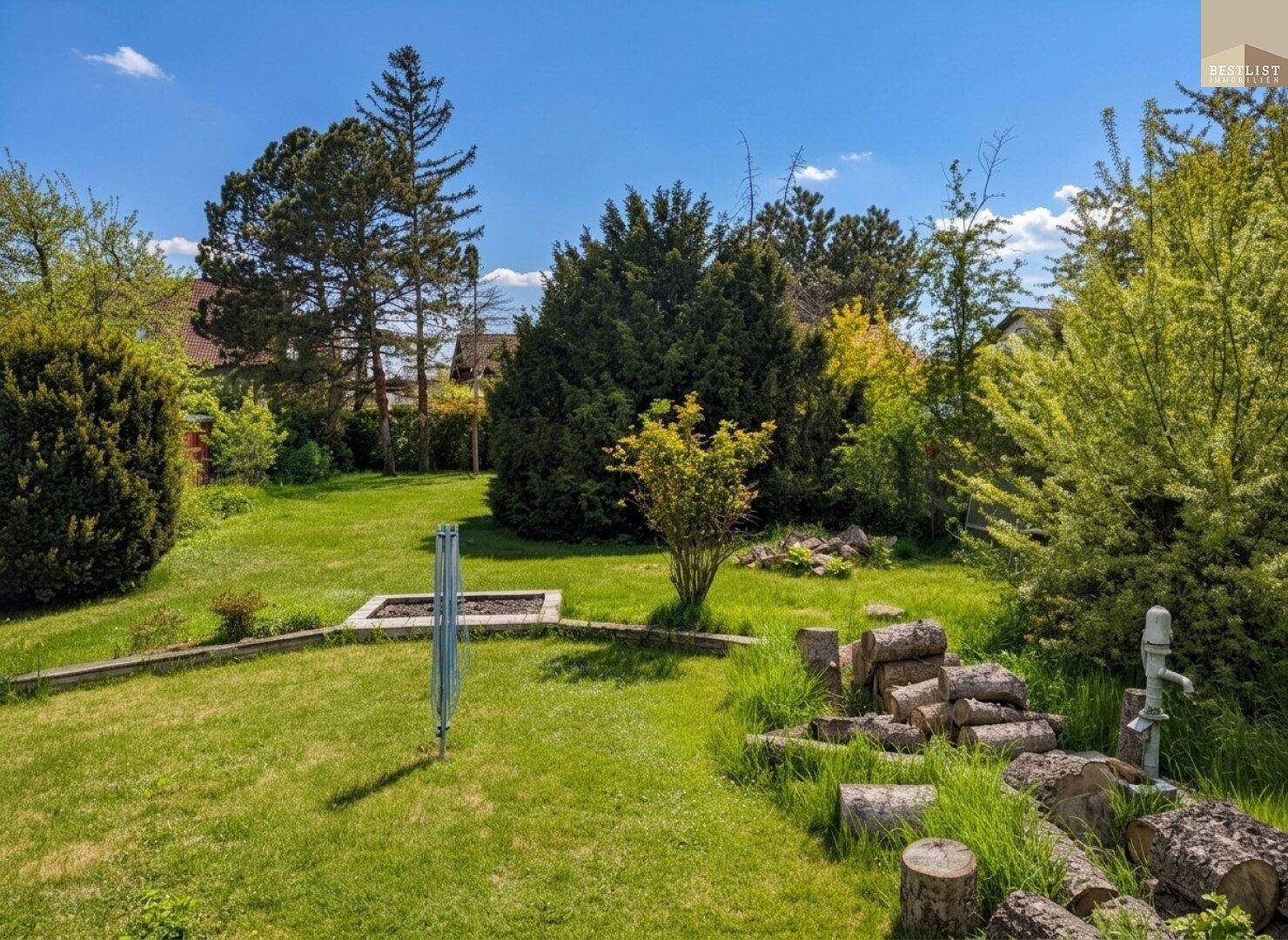 Großer, sonniger Garten mit Rasenfläche, Bäumen und Holzstämmen.