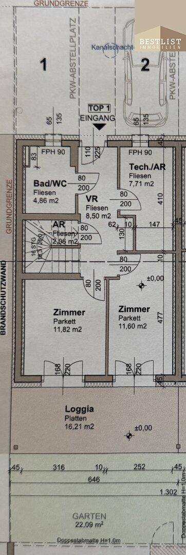 Grundriss des Erdgeschosses mit Zimmern, Bad, Loggia und Garten.