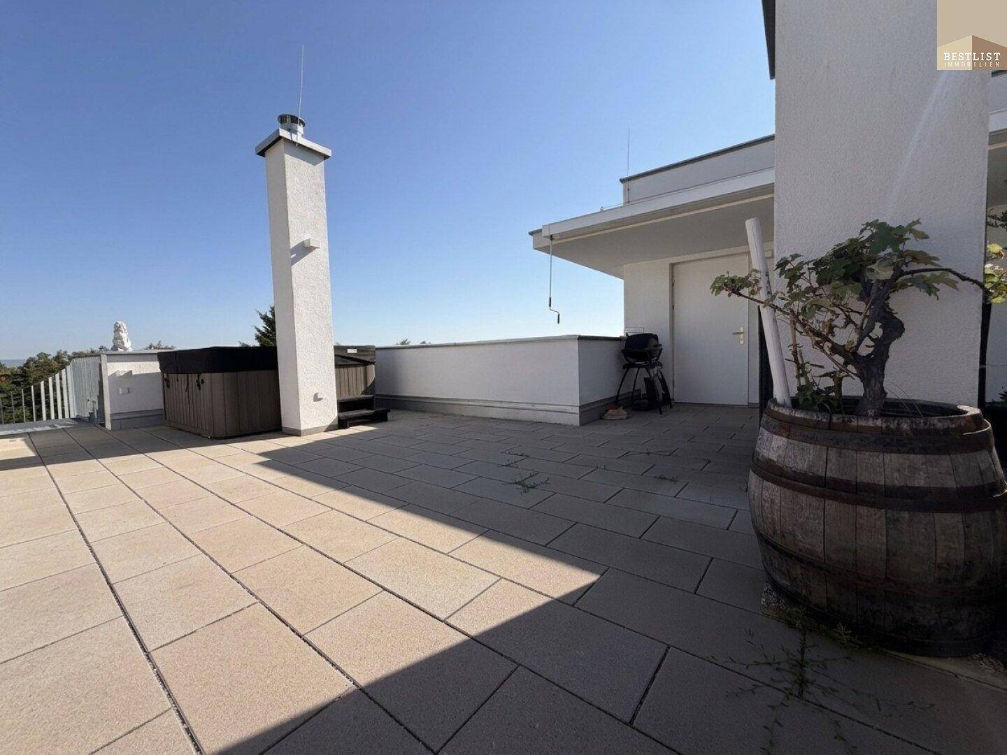 Sonniger Bereich der Dachterrasse mit Fliesenboden, Kamin und dekorativen Pflanzen.