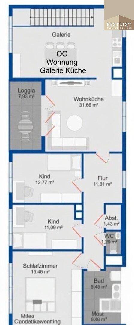 Grundriss der Obergeschoss-Wohnung mit offener Wohnküche, Loggia, mehreren Schlafzimmern und Bad.
