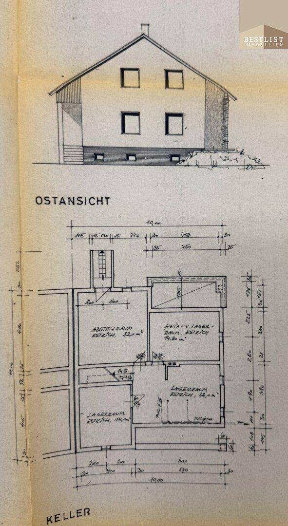 Historischer Grundriss des Kellers mit Lager- und Heizräumen.