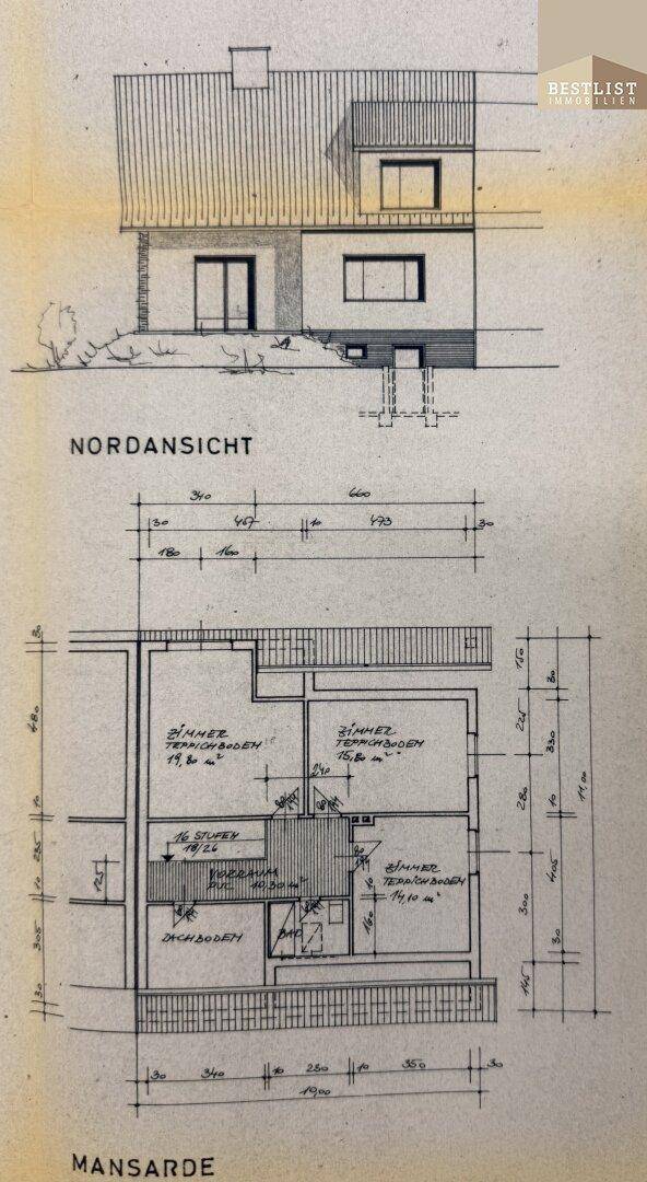 Historischer Grundriss des Mansardengeschosses mit Zimmern und Dachschrägen.