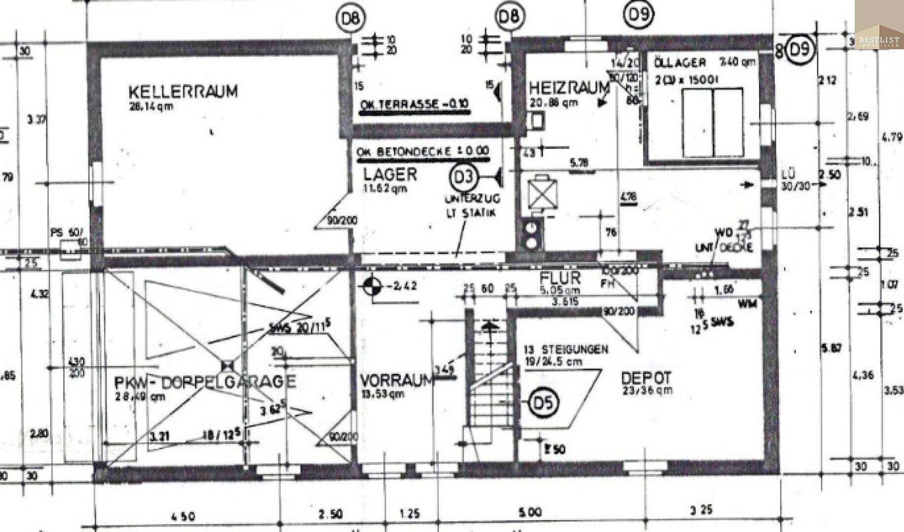 Grundriss des Untergeschosses mit Kellerraum, Heizraum und Doppelgarage.