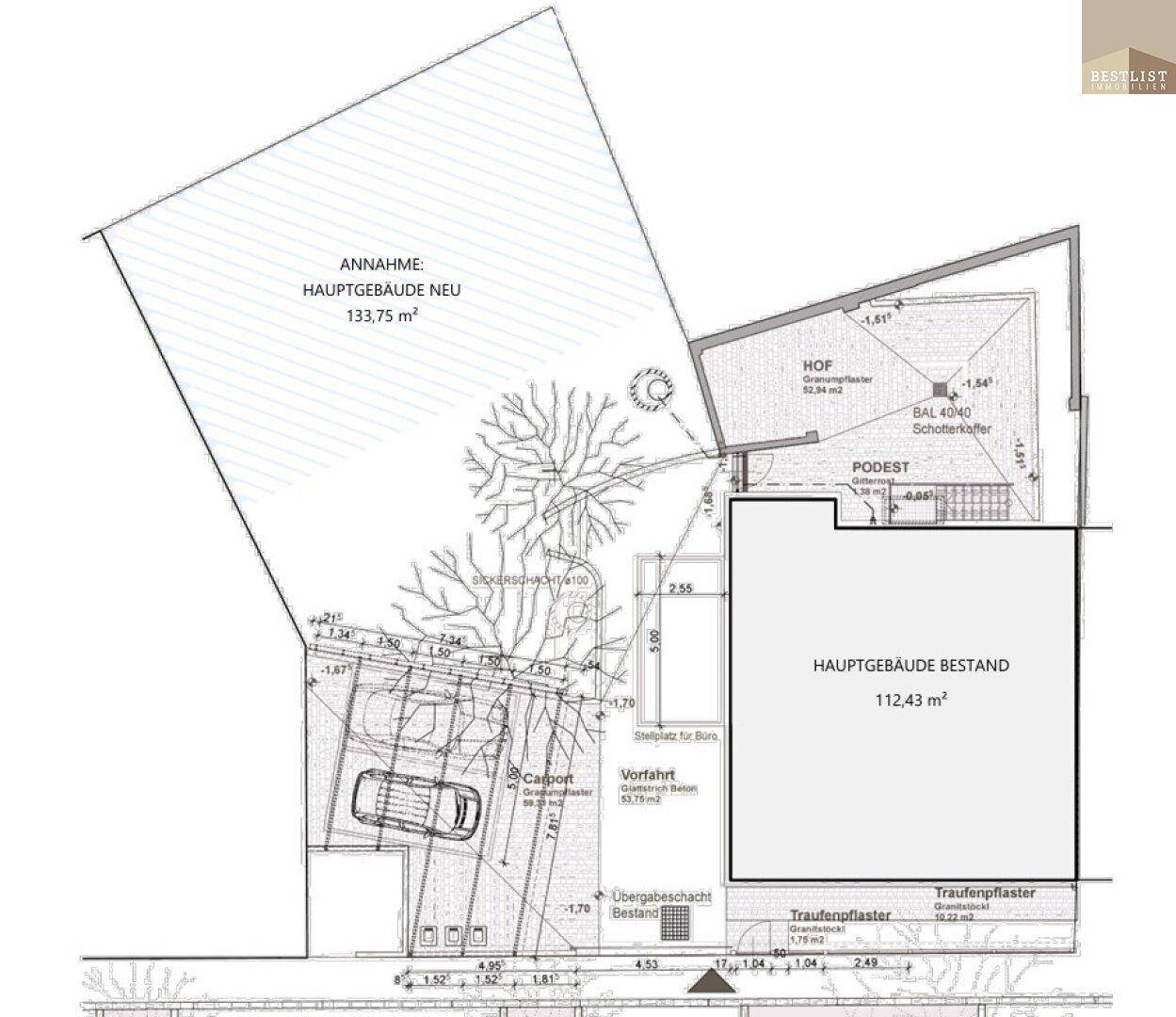 Lageplan des Grundstücks mit Bestandsgebäude, neuem Hauptgebäude und Carport.