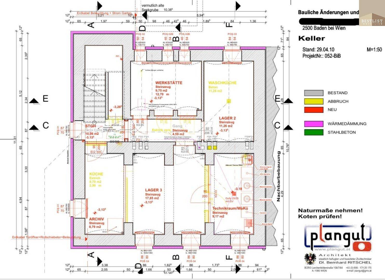 Grundriss des Kellers mit Werkstatt, Waschküche, Lagerräumen und Archiv.
