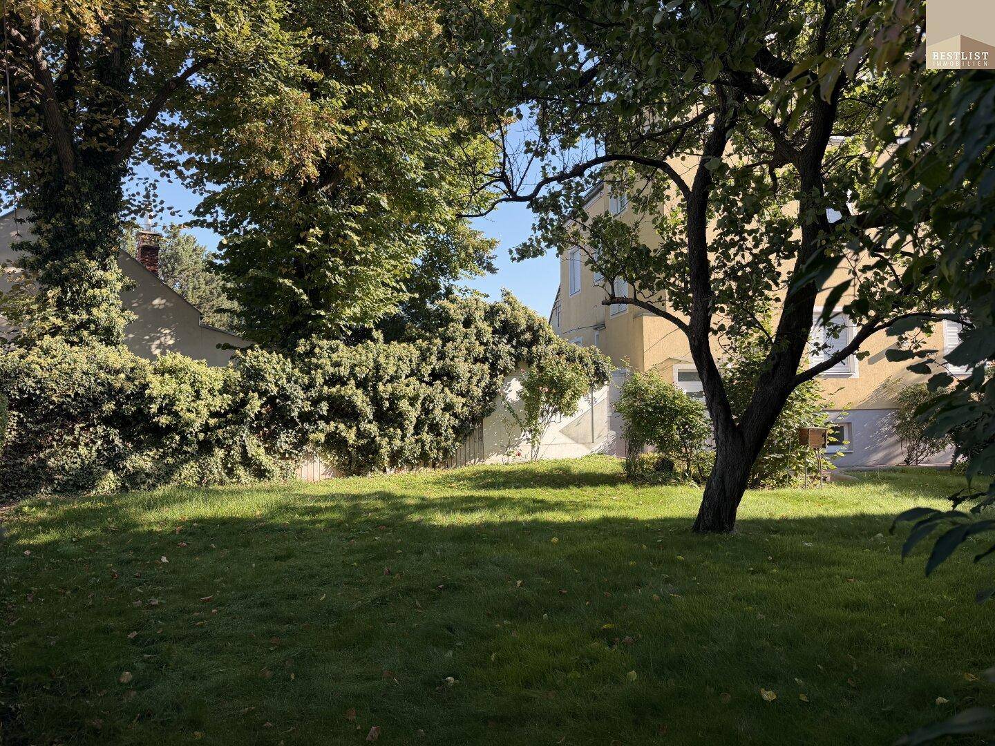 Gepflegter Gartenbereich mit Rasenfläche und alten Bäumen, umgeben von üppigem Grün.