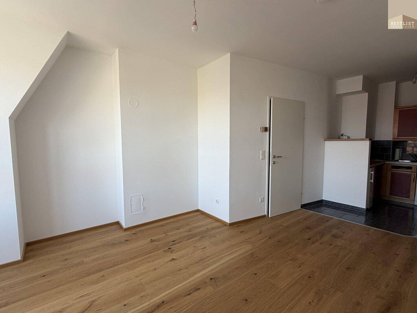 Geräumiger offener Wohnbereich mit Holzboden und Dachschrägen, ideal für geselliges Beisammensein.