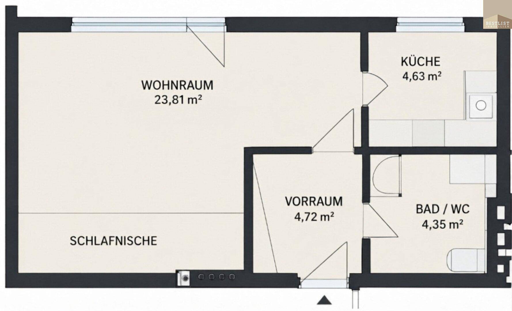 Grundriss einer Wohnung mit offenem Wohn- und Schlafbereich, separater Küche und Bad mit Balkonzugang.
