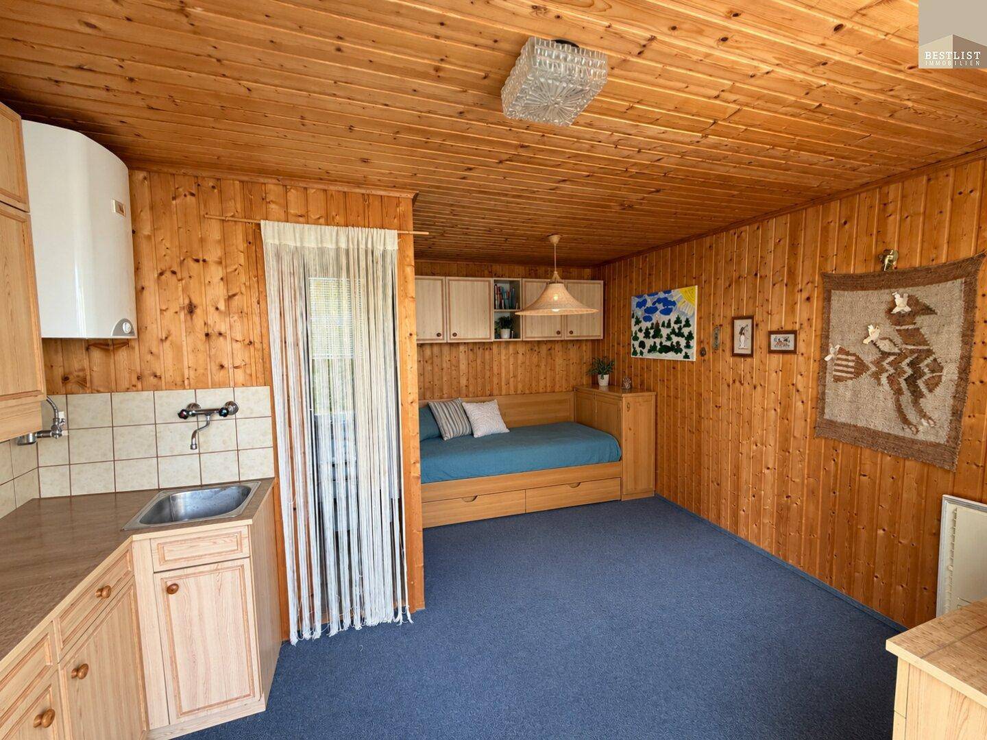 Gemütliches Zimmer mit Holzvertäfelung, Kochnische und Schlafsofa, ideal als Gästezimmer oder Studio.