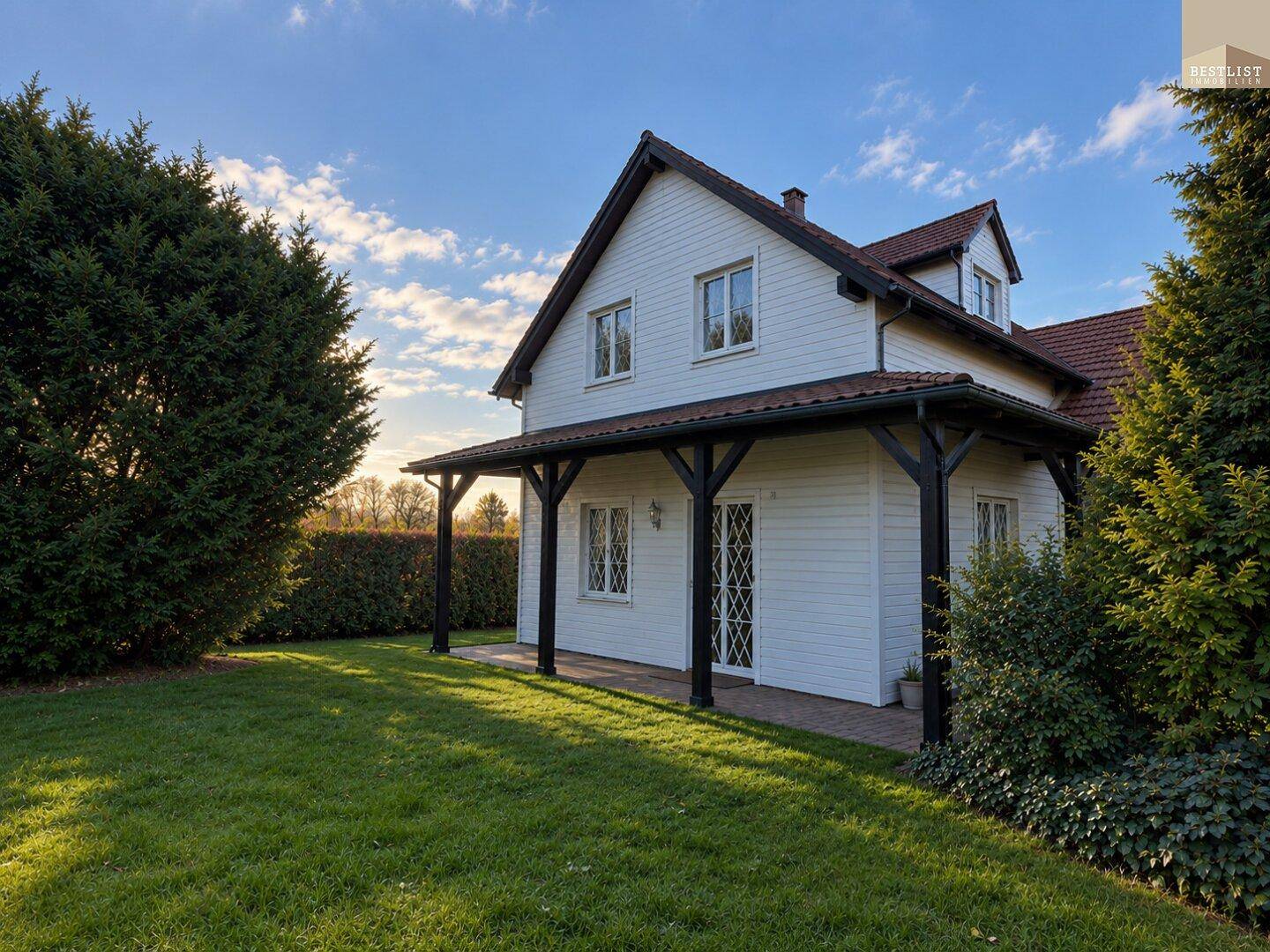 Sonnige Rasenfläche neben dem Haus mit überdachtem Terrassenbereich und hohen Bäumen im Garten.