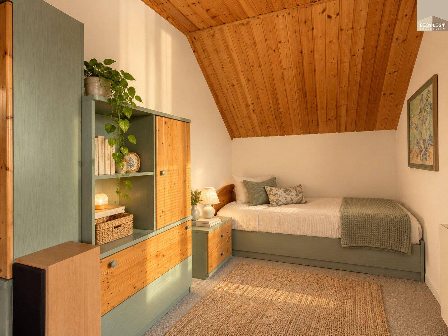 Gemütliches Schlafzimmer mit Holzdecke, Dachschräge und Einzelbett, perfekt für erholsame Nächte.