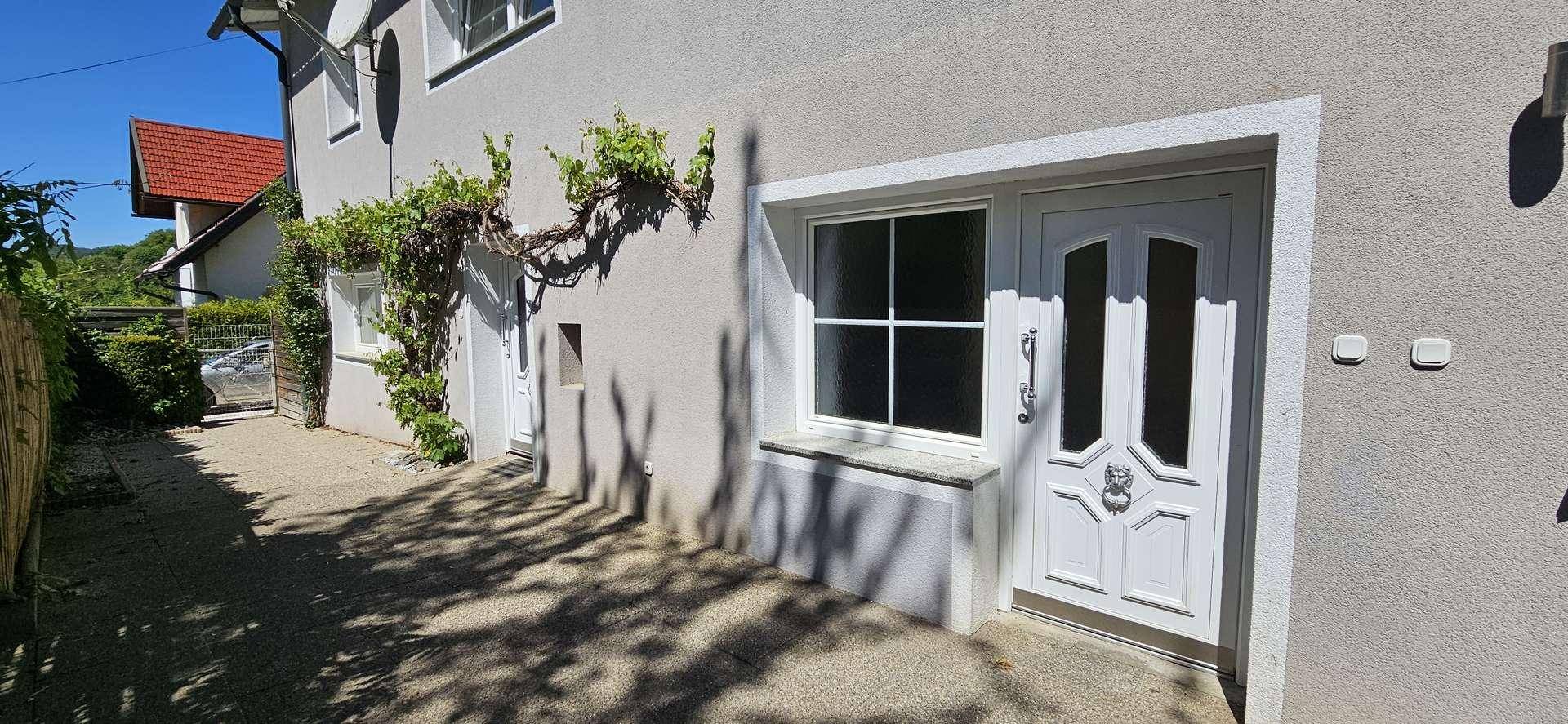 Fassade eines Hauses mit weißer Eingangstür, Fenster und einer Kletterpflanze, die sich an der Wand emporrankt.