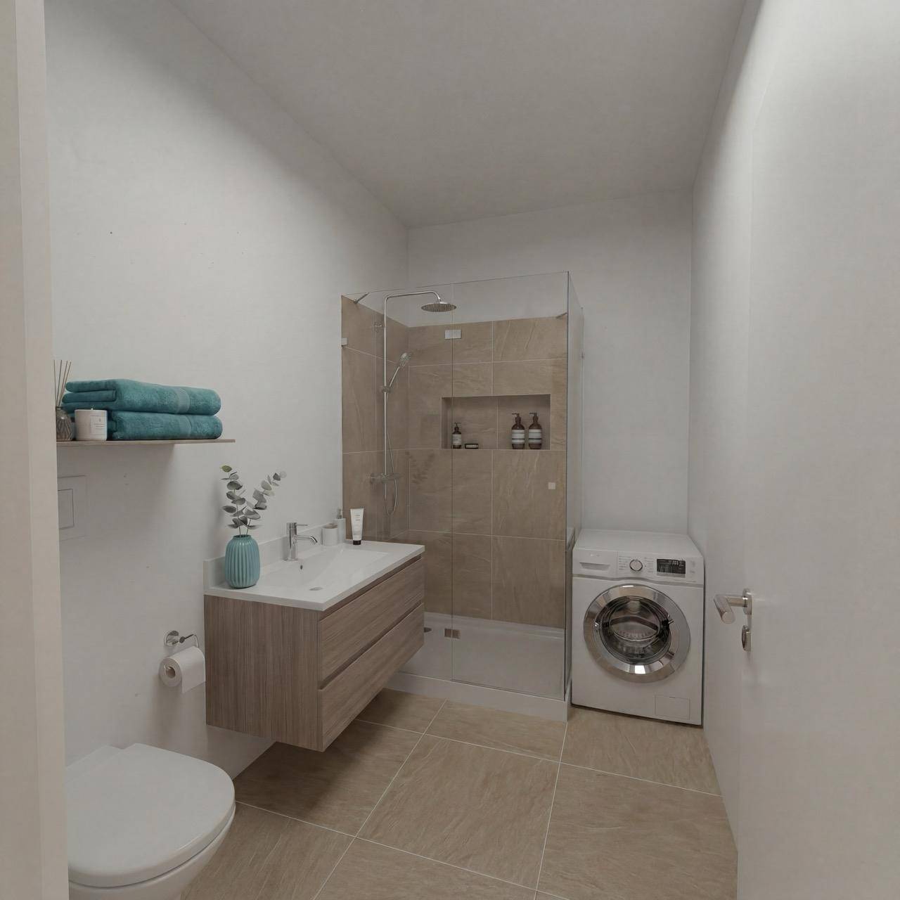 Modernes Badezimmer mit Dusche, Waschbecken, Toilette und Waschmaschine, hell gefliest.