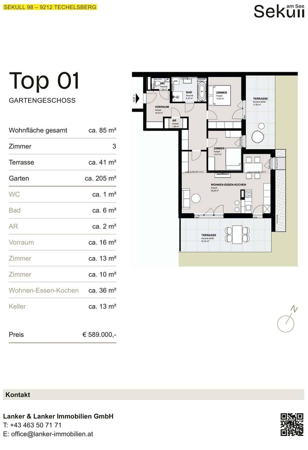 Grundriss des Gartengeschosses Top 01 mit Wohn-Ess-Küche, Zimmern und Terrasse.