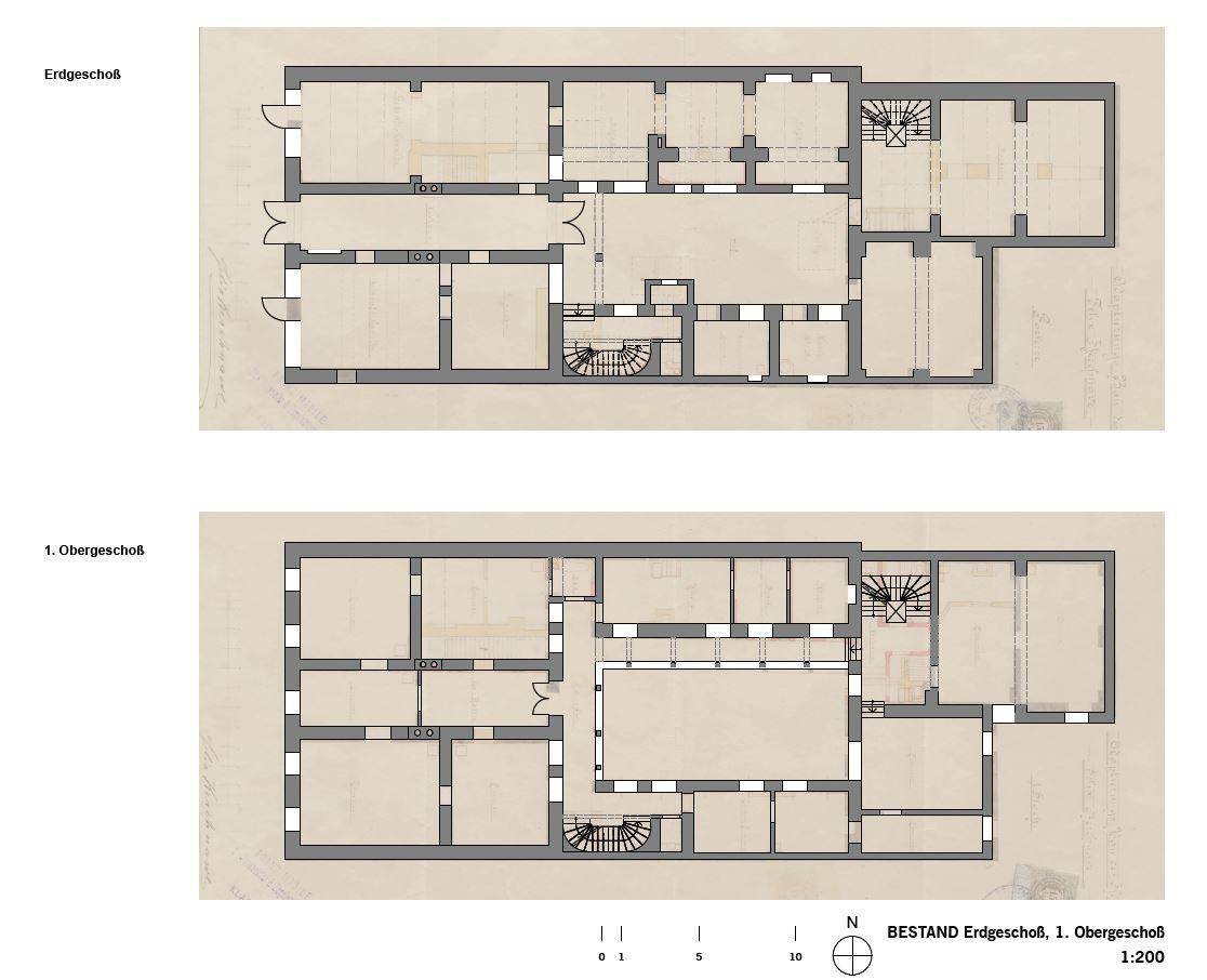 Grundriss des Erdgeschosses und ersten Obergeschosses mit verschiedenen Zimmern und Nasszellen.