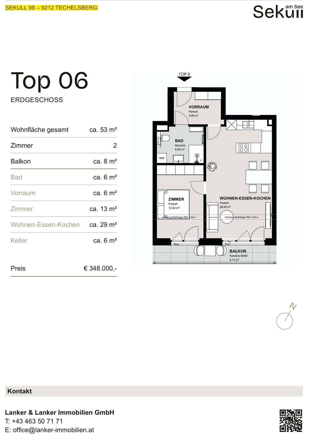 Grundriss der Erdgeschosswohnung Top 06 mit zwei Zimmern und offenem Wohn-Ess-Kochbereich.