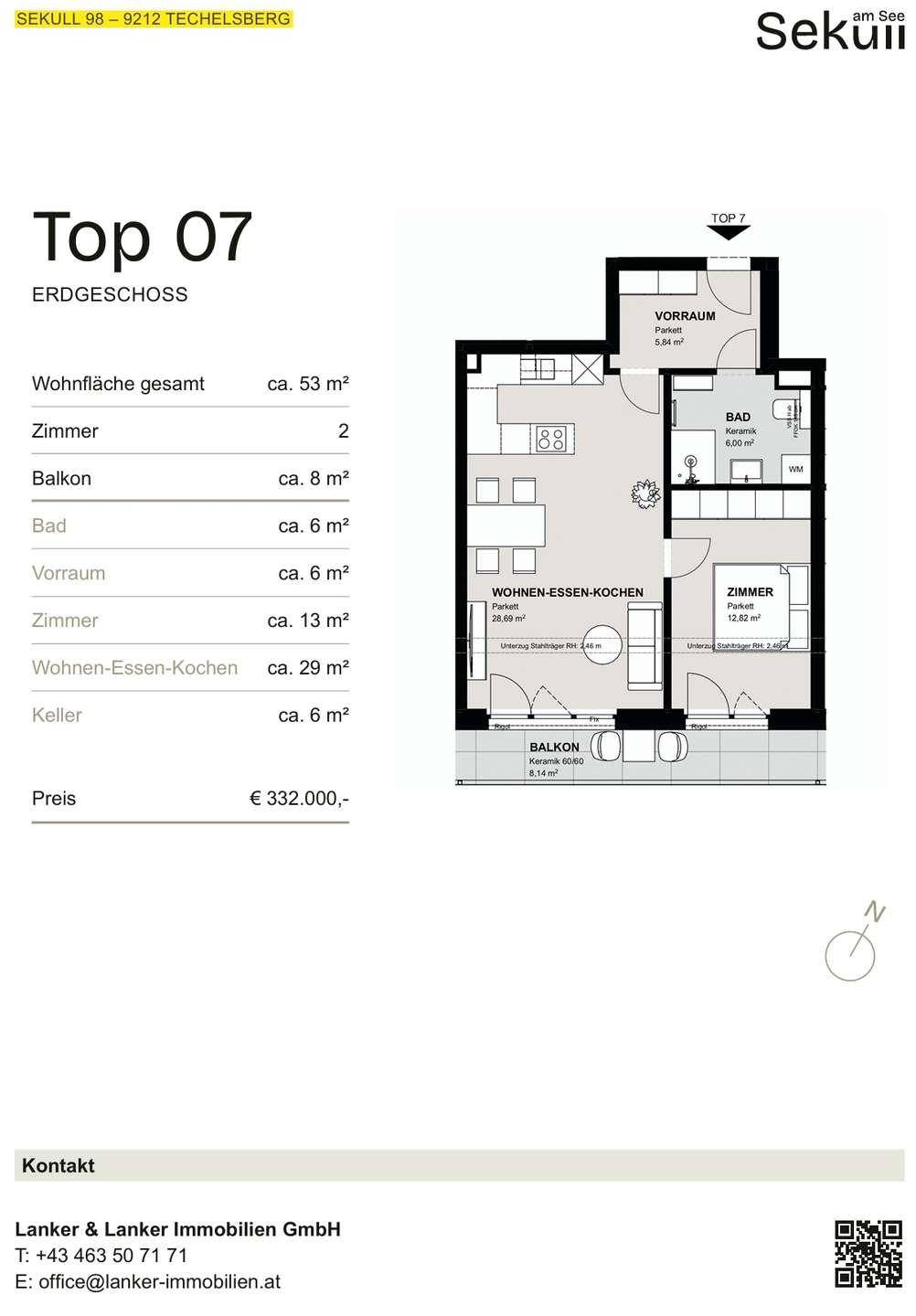Grundriss der Wohnung Top 07 im Erdgeschoss mit Wohn-Ess-Küche und Balkon.