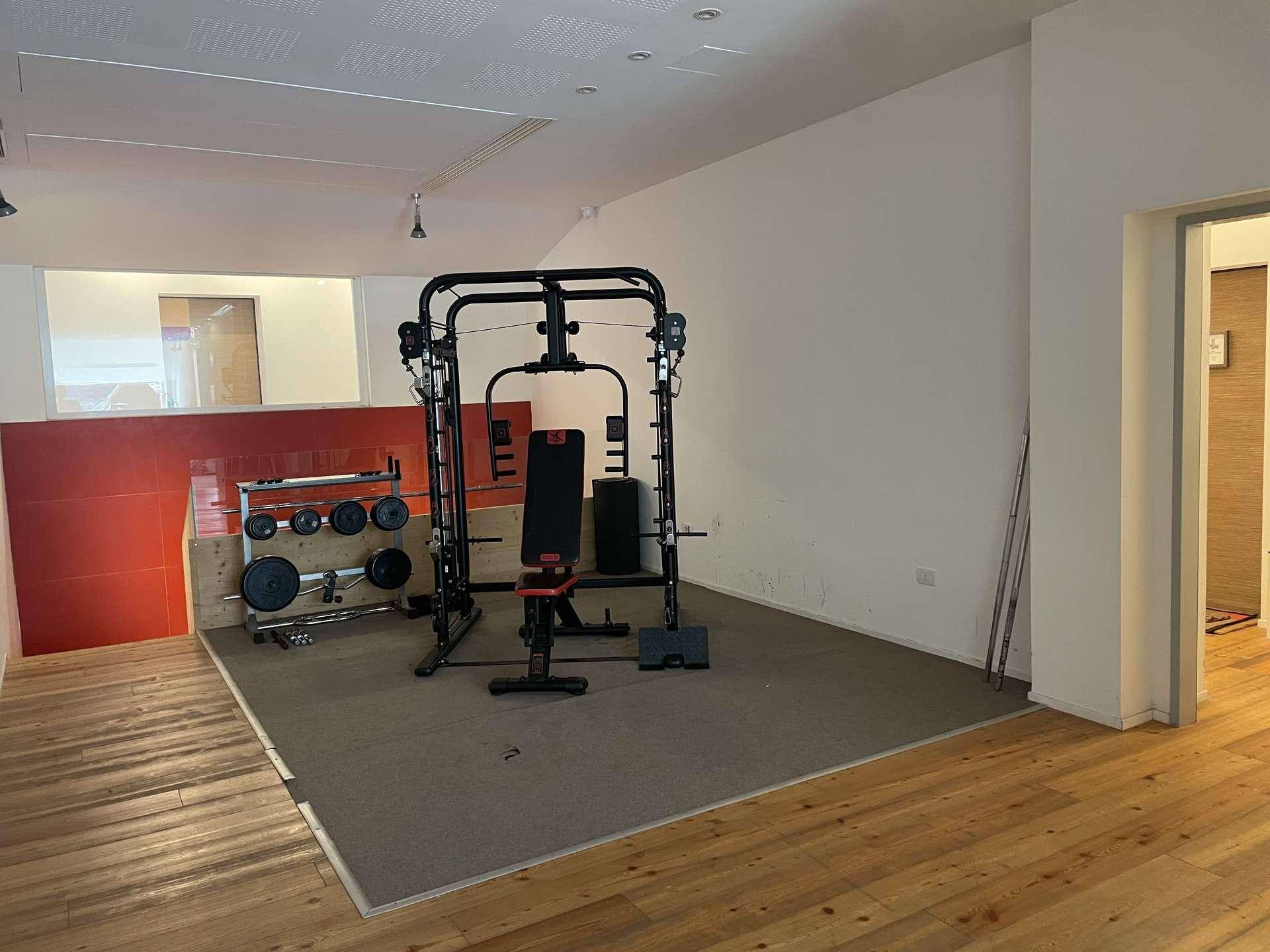 Geräumiger Fitnessraum mit Krafttrainingsgeräten und Holzboden für sportliche Aktivitäten.