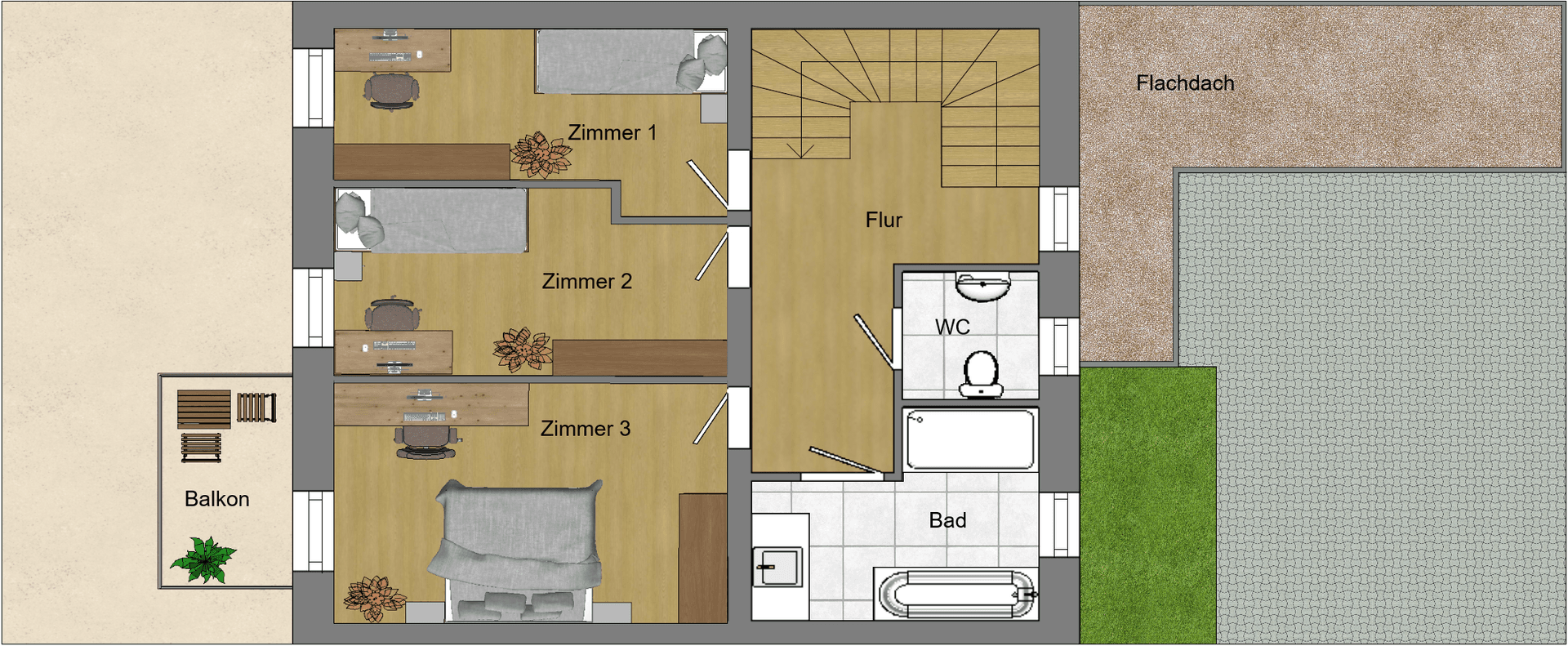 Grundriss des Obergeschosses mit drei Schlafzimmern, Bad, WC und Balkon.