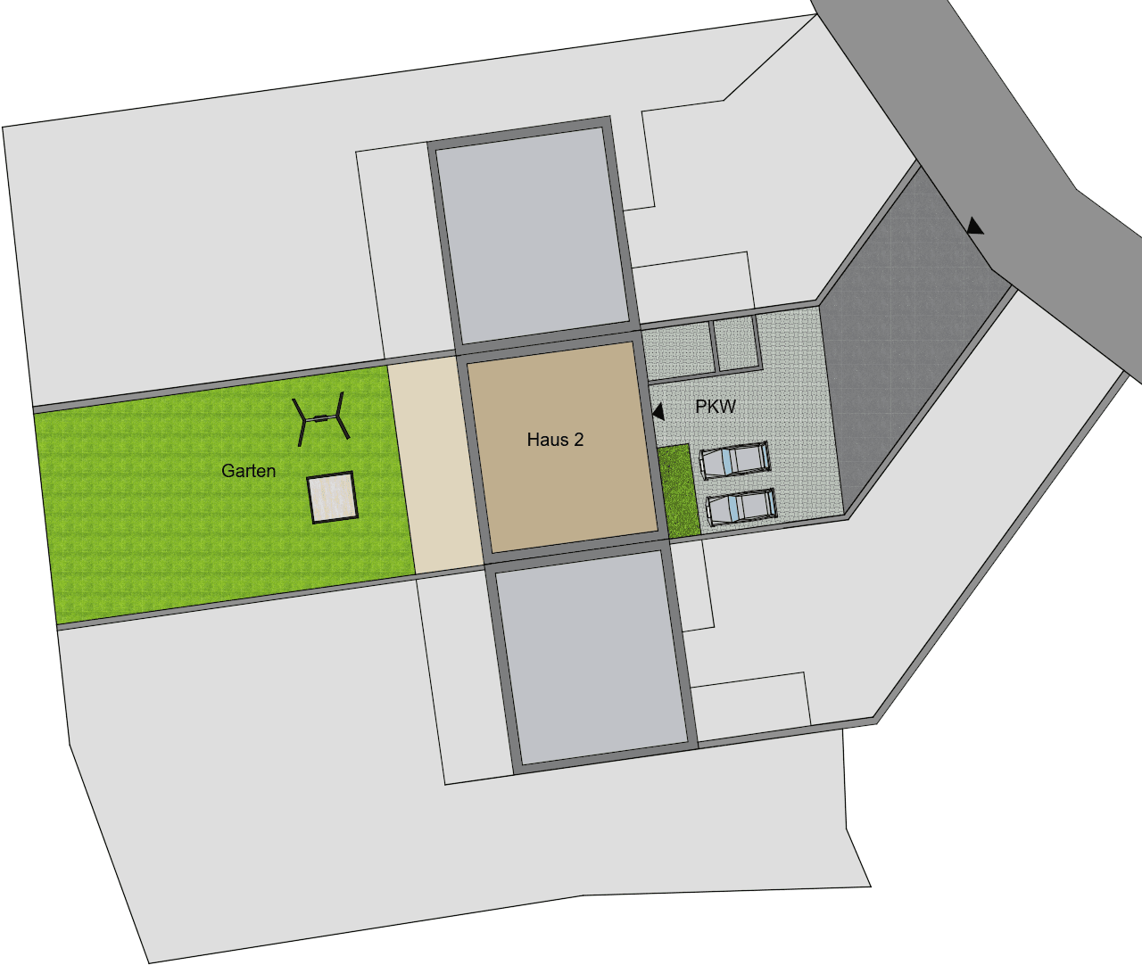 Lageplan des Grundstücks mit Haus 2, Garten und Parkplätzen.