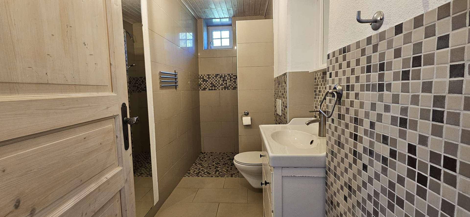 Modernes Badezimmer mit Mosaikfliesen, Einzelwaschbecken, WC und einer begehbaren Dusche.