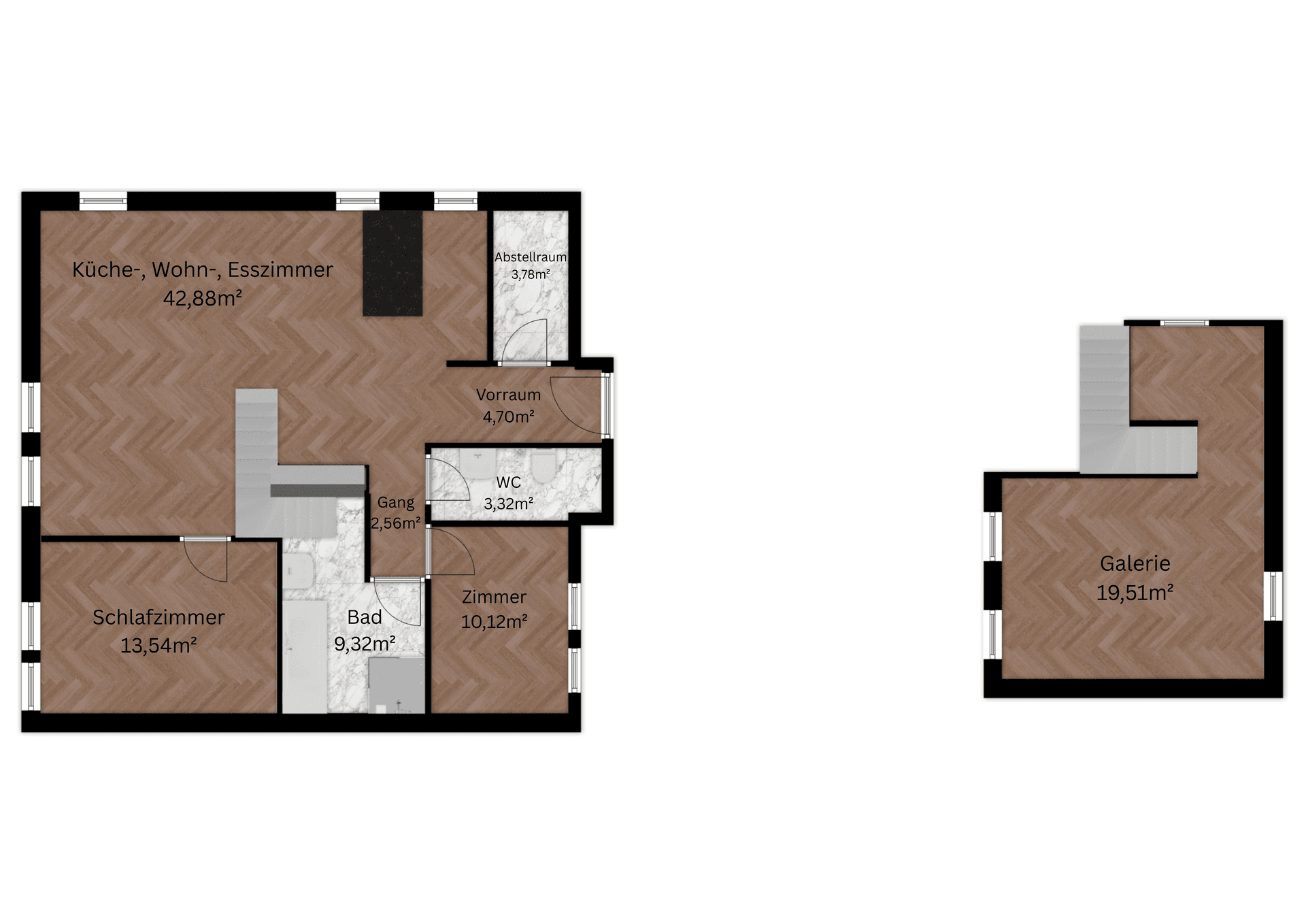 Grundriss der unteren Ebene mit Küche, Wohn-Esszimmer, Schlafzimmern und Bad, sowie Galerie.