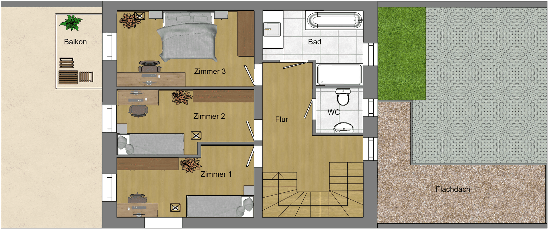 Grundriss des Obergeschosses mit drei Schlafzimmern, Bad, WC und Balkon.