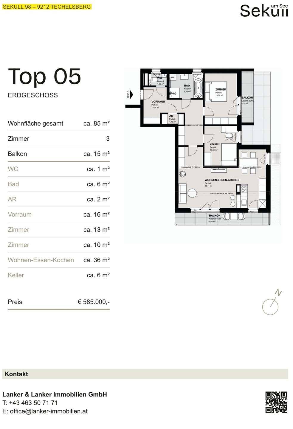 Grundriss der Einheit Top 05 im Erdgeschoss mit 85 m² Wohnfläche und Balkon.