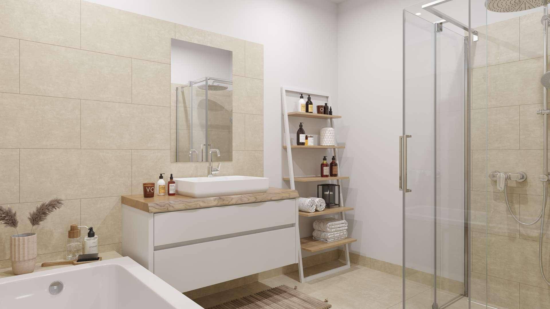 Modernes Badezimmer mit begehbarer Dusche, Badewanne und hellen Fliesen.