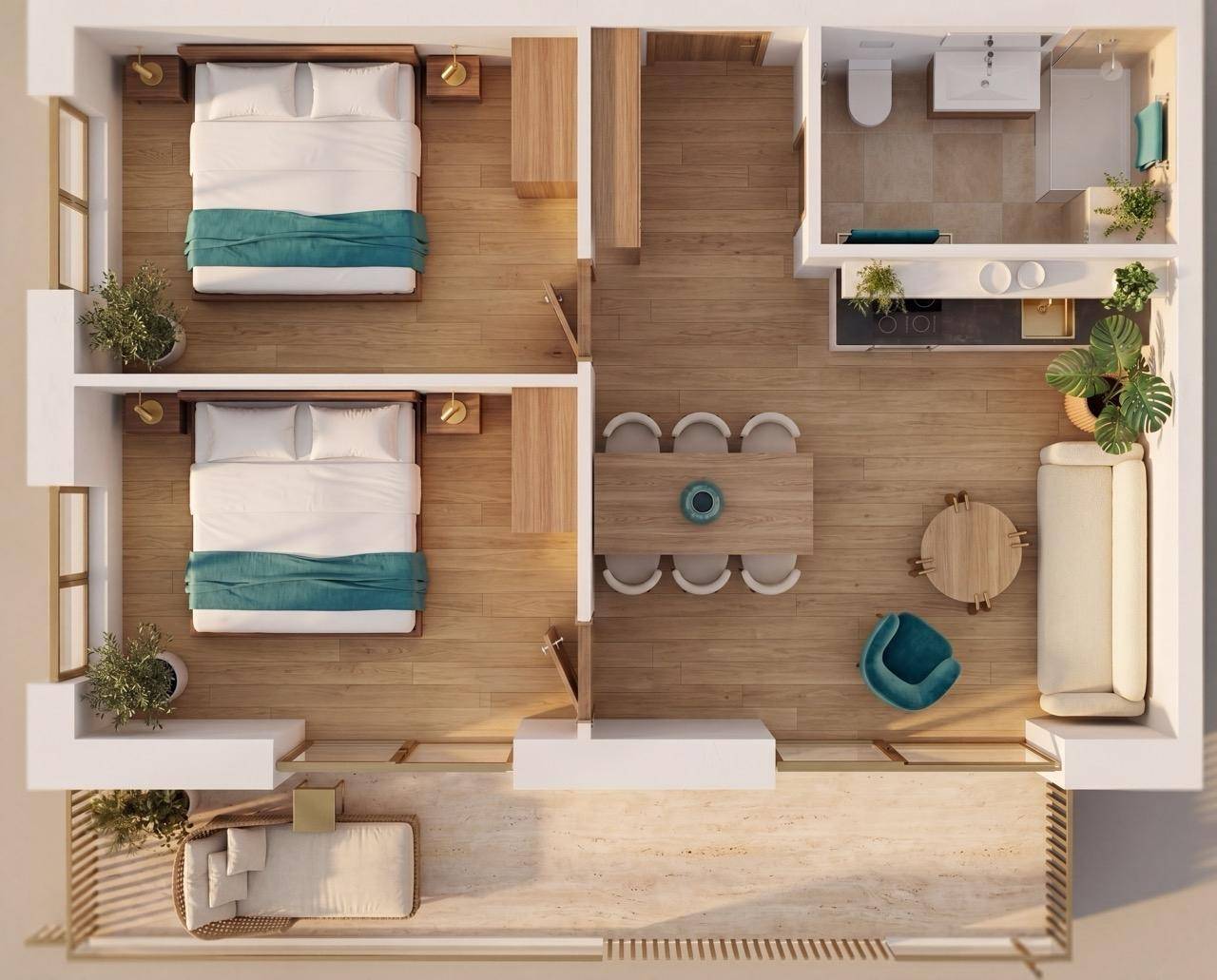Grundriss einer Wohnung mit zwei Schlafzimmern, offenem Wohnbereich und großem Balkon.