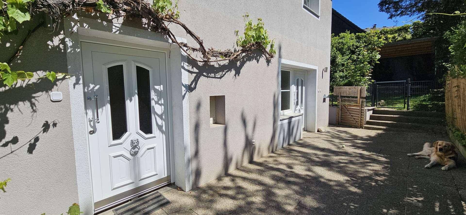 Eingangsbereich eines Hauses mit weißer Tür, gepflastertem Vorplatz und einem Hund, der in der Sonne liegt.