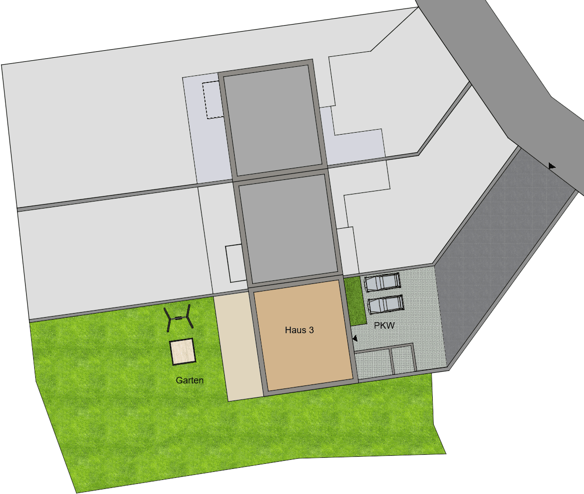 Lageplan des Grundstücks mit Haus, Garten und Parkplätzen.