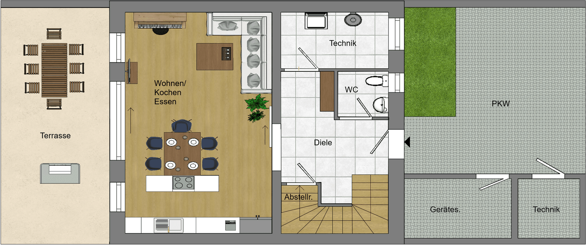Grundriss des Erdgeschosses mit offenem Wohn-Koch-Essbereich, WC und Terrasse.