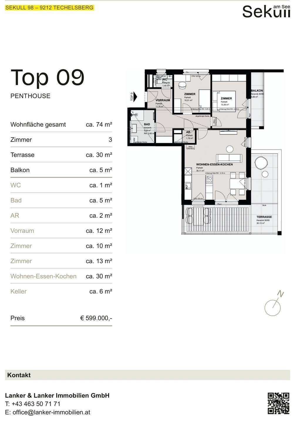 Grundriss der Penthouse-Wohnung Top 09 mit Terrasse und Balkon.