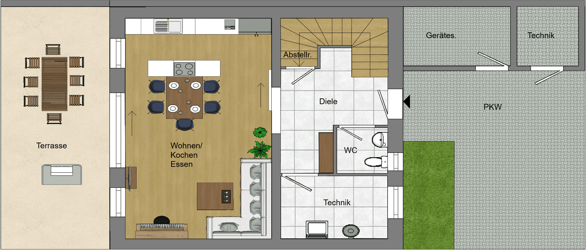 Grundriss des Erdgeschosses mit offenem Wohn-/Koch-/Essbereich, Terrasse und Garage.