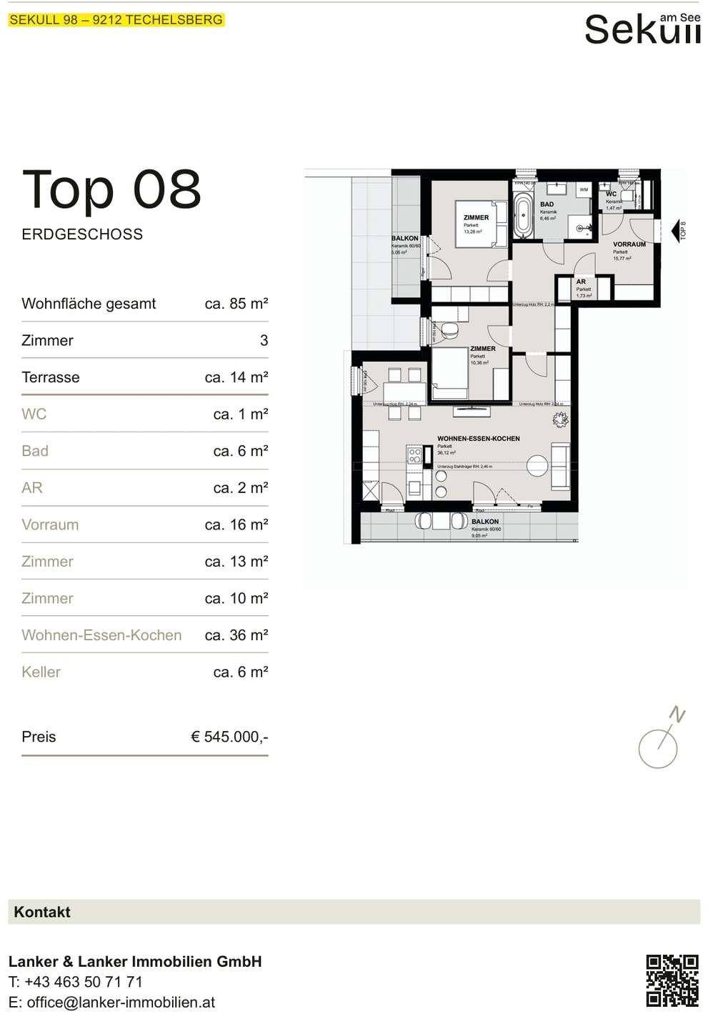 Grundrissplan der Einheit Top 08 mit Wohnflächenangaben und Raumaufteilung.