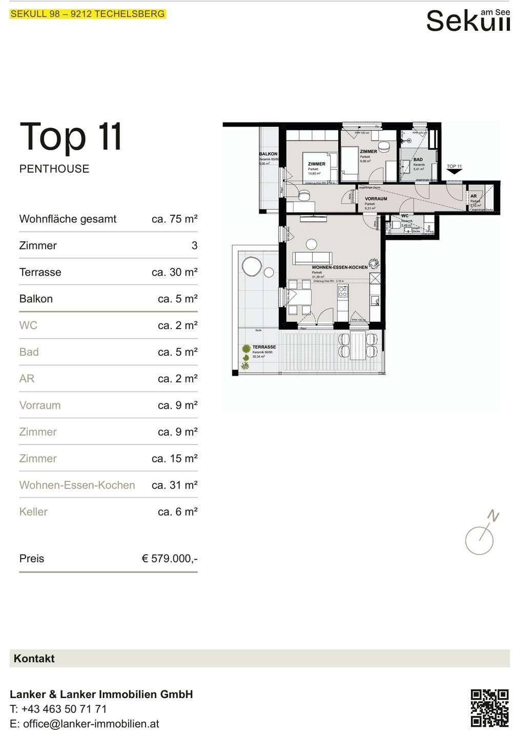 Grundriss des Penthouses Top 11 mit 75m² Wohnfläche, Terrasse und Balkon.