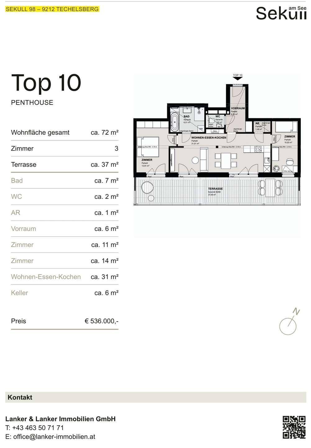 Grundriss des Penthouses Top 10 mit 72m² Wohnfläche und 37m² Terrasse.
