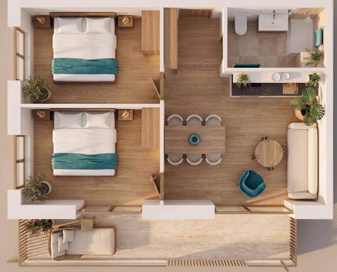 Übersichtlicher Grundriss mit zwei Schlafzimmern, offenem Wohnbereich und Balkon.