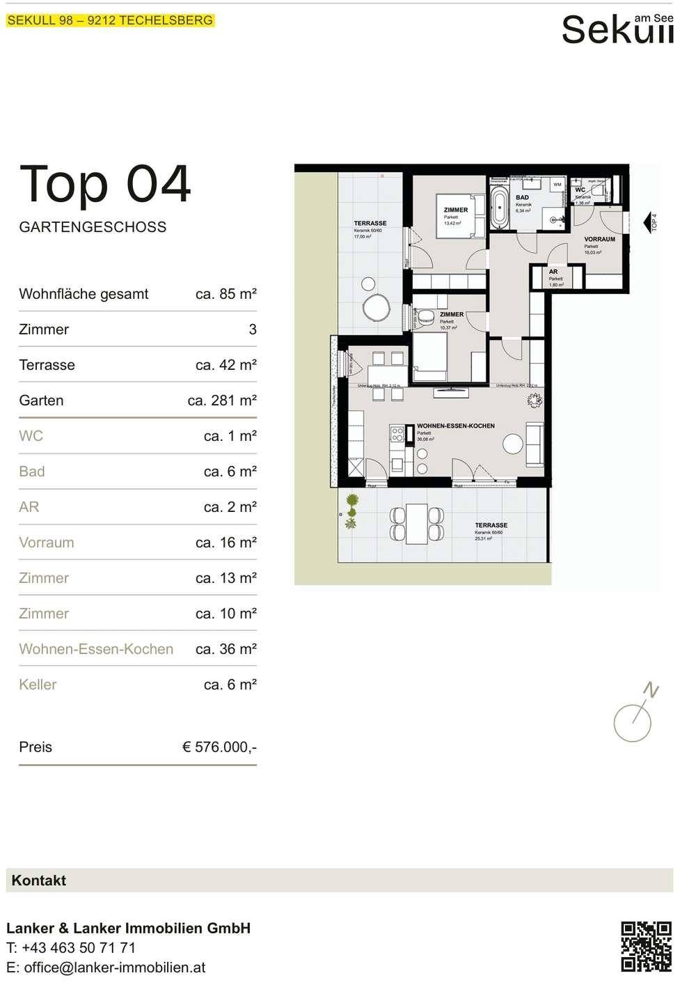 Grundriss der Wohnung Top 04 im Gartengeschoss mit Terrasse und Garten.