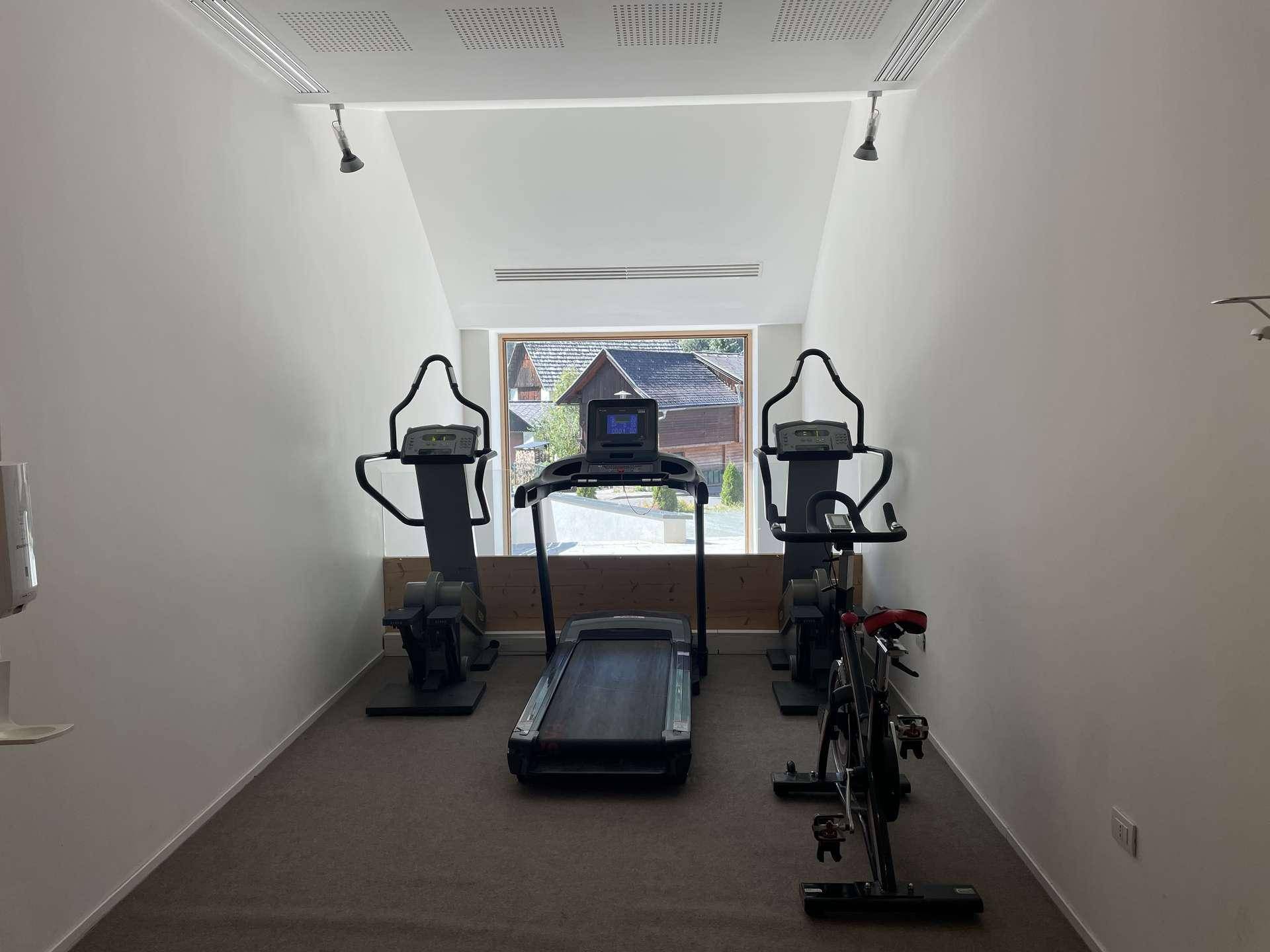 Heller Fitnessraum mit Cardio-Geräten wie Laufband und Crosstrainer, mit Blick nach draußen.