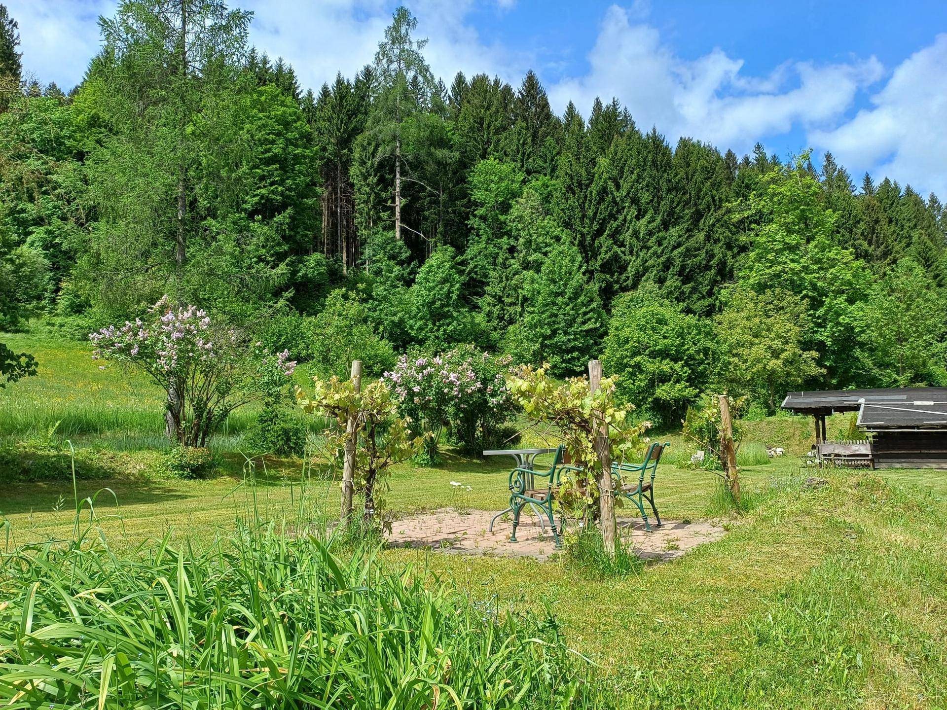 Gemütlicher Sitzbereich im Garten mit Metallmöbeln und Rankpflanzen, umgeben von üppigem Grün.