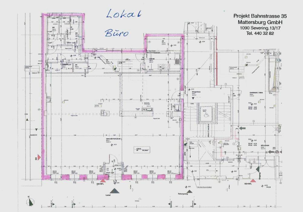 Grundrissplan eines Projekts in der Bahnstraße 35, zeigt Büro- und Ladenflächen.