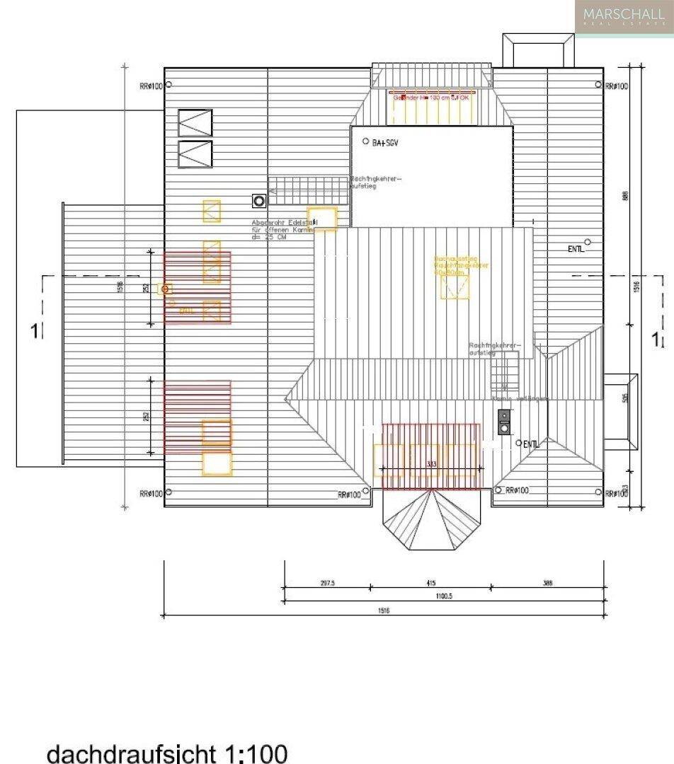 Dachdraufsicht des Gebäudes mit detaillierter Darstellung der Dachflächen und Gauben.