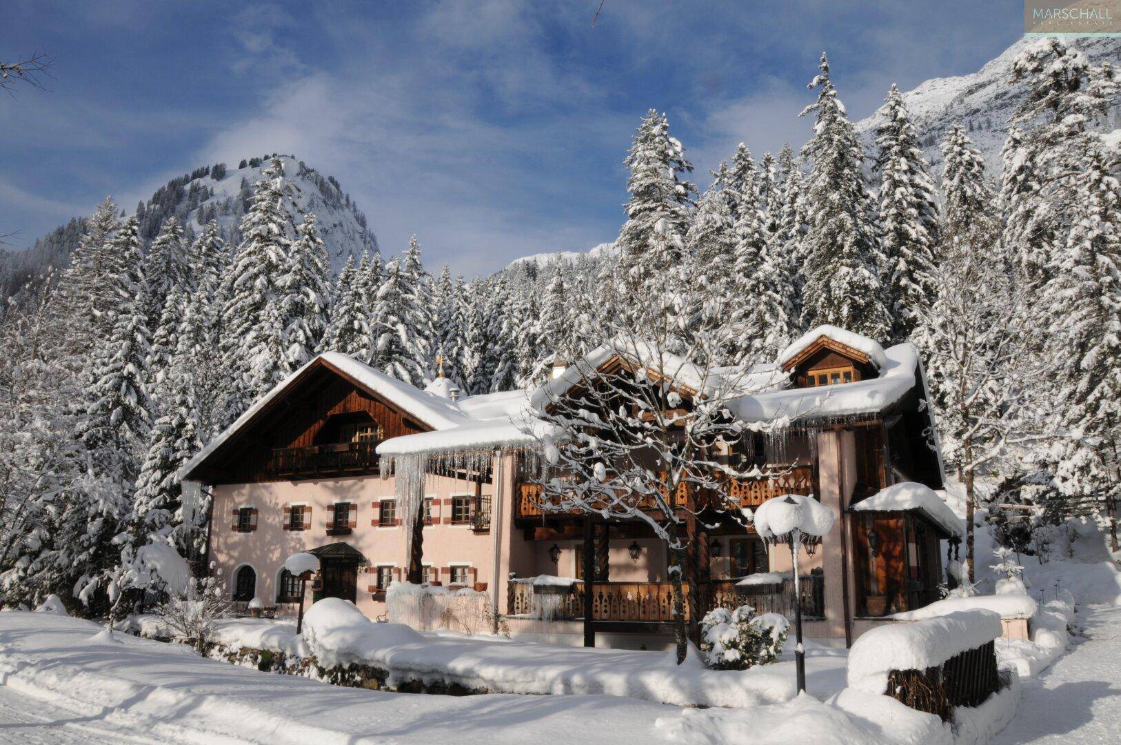 Winterliche Ansicht des Alpenhauses, bedeckt mit Schnee und Eiszapfen, umgeben von verschneiten Bäumen.