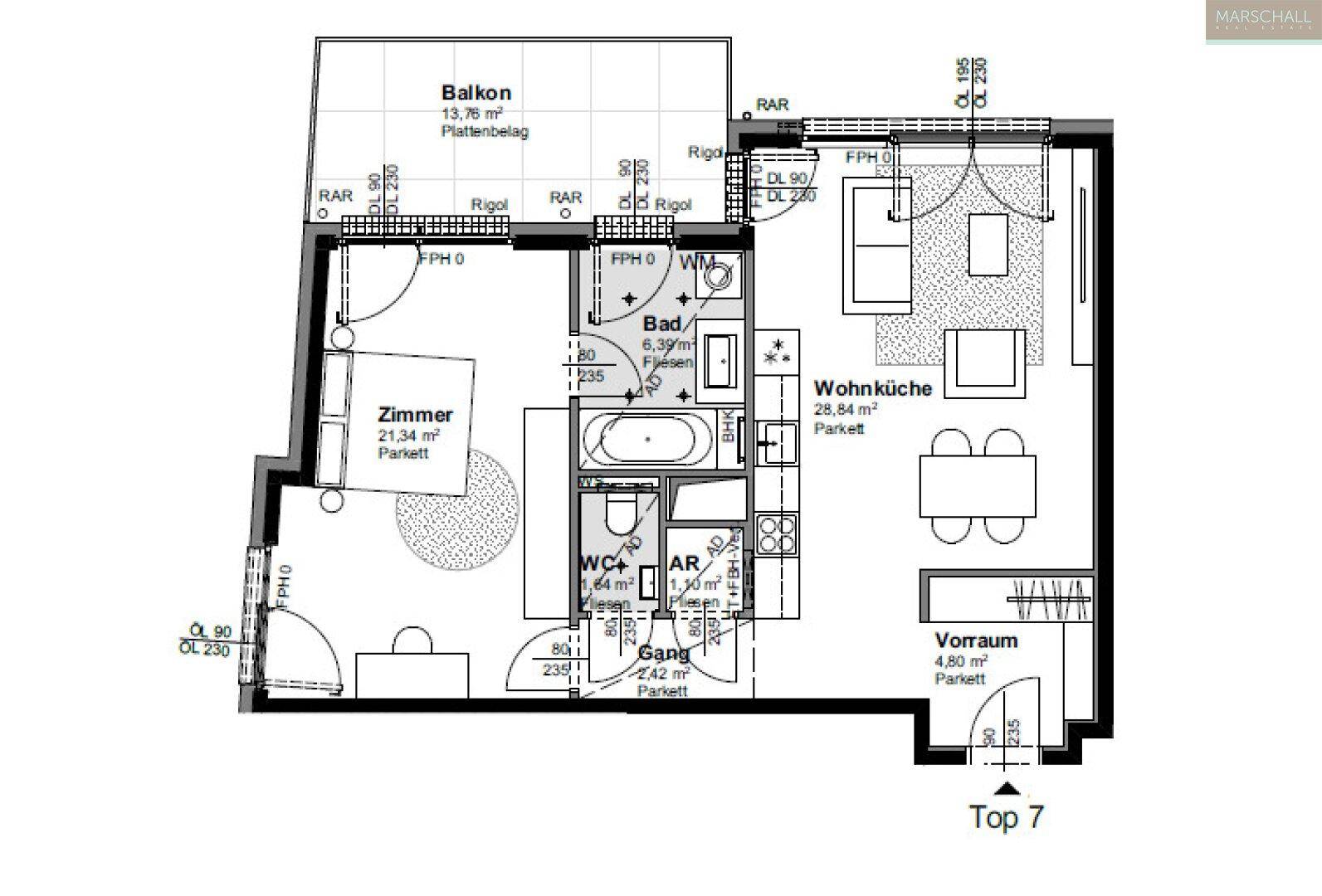 Grundriss einer modernen Wohnung mit einem Schlafzimmer, offenem Wohnbereich und Balkonzugang.