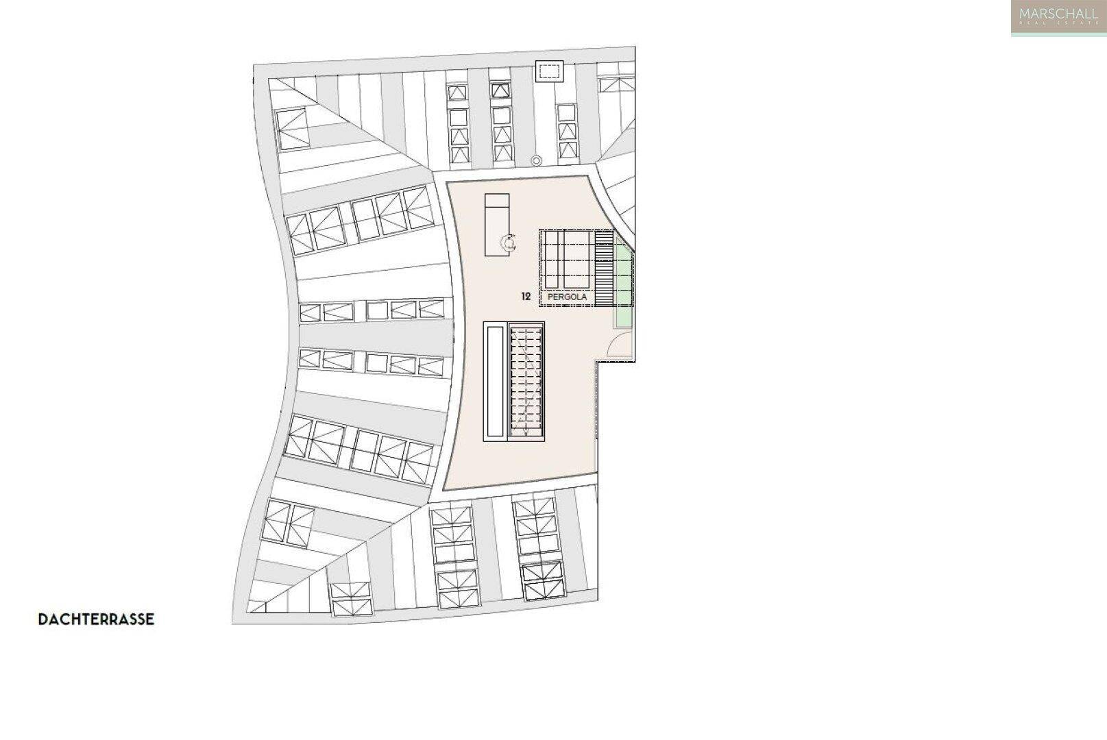Grundriss der Dachterrasse mit Pergola und Zugang zur Wohnung.
